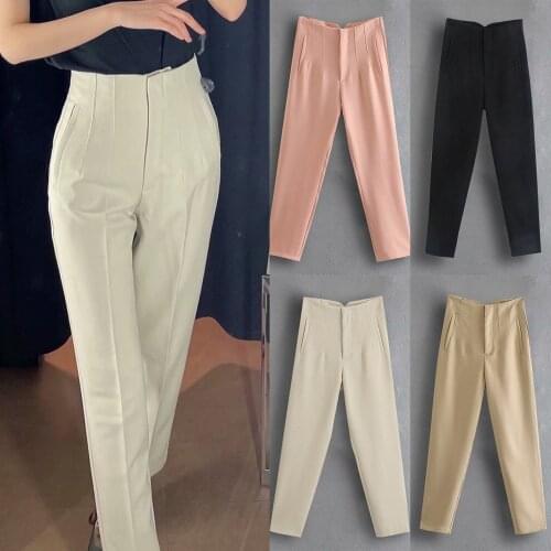 Za 2021 Spring Trouser Suits High Waisted Pants Women Fashion Office Beige Pants Chic Button Zip Elegant Pink Casual Woman Pants