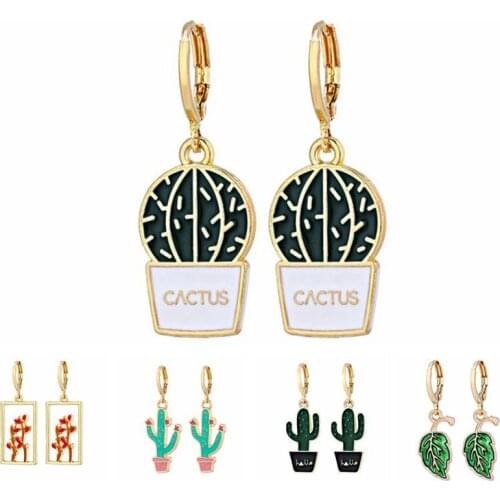 Ins Fashion Vintage Cactus Pendant Hoop Earrings Tropical Plant Spiritual Gold Color Rectangle Bonsai Charms Earrings For Women