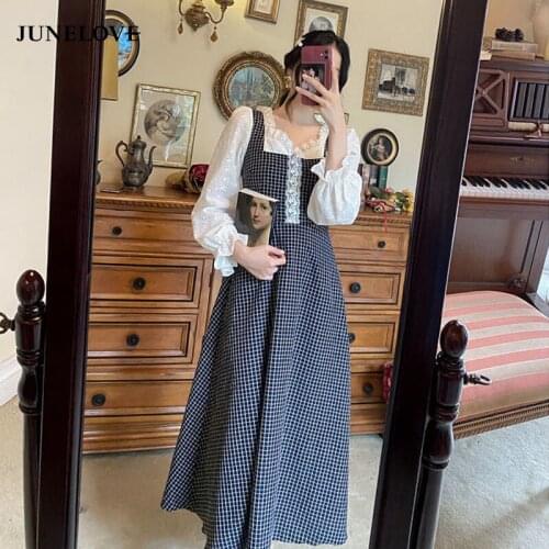 JuneLove French Vintage Dress Women Casual Elegant Plaid Midi Sweet Dress Party Long Sleeve Lace One Piece Dress Korean Vestidos