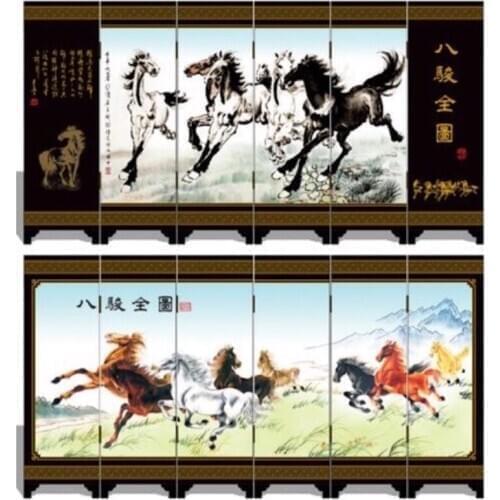 MINI Folding Screens 6 Joined Panels Decorative Painting Wood Byobu A Portrait of Eight Breed Xu Beihong 8 Horses 3 Sizes