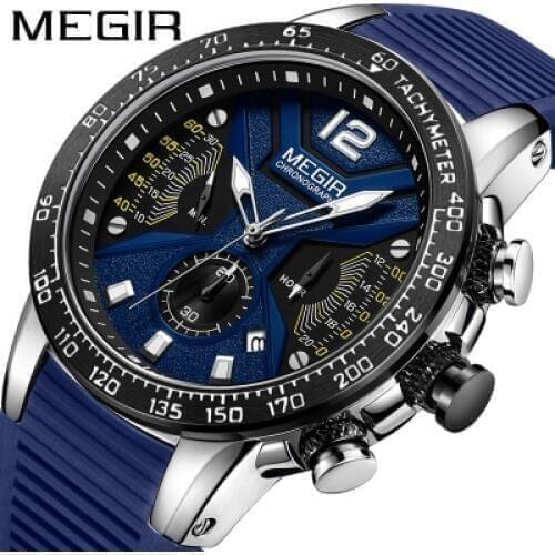 Megir Mens Chronograph Analog Quartz Watch with Date Luminous Hands Waterproof Silicone Rubber Strap Wristswatch for Man