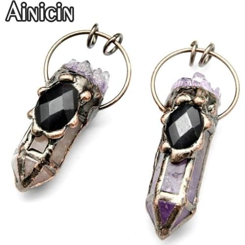 New Fashion Natural Rose Quartz Hexagon With Druzy Amethyst Soldering Big Circle Pendants For Women Jewelry Making Findings