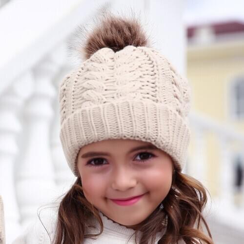New Fashion Children Winter Hats Baby Girl Solid Knitted Beanies Caps Hair Ball Thick Kids Boys Warm Hat