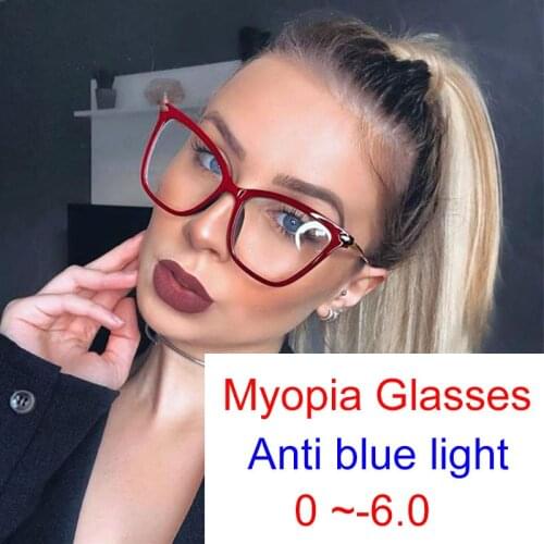 Sexy Fashion Red Cat Eye Anti Blue Rays Myopia Glasses Women Oversized Spectacles Frames Nearsighted Eyewear Diopter -0 to -6.0