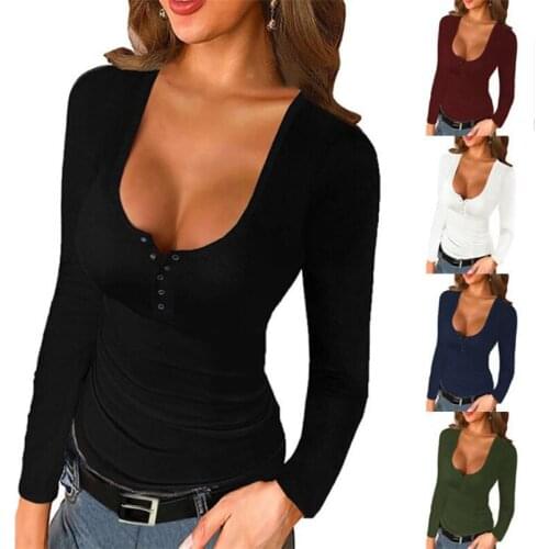 Autumn Solid Color Long-sleeve Tops Tight-fitting Bottoming Shirt New U-neck Top Fashion Loose Ladies Plus Size T-shirt