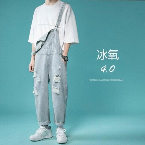 Privathinker 2021 Fashion Men Ripped Denim Overalls Korean Style Loose Straight Male Suspender Jeans Casual Couple Pants