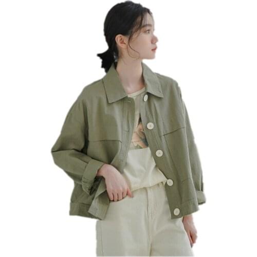 Simple Womens Short Jacket Women Army Green Coat Lapel Single-breasted Casual Spring Autumn Thin Coats Outerwear Tooling A2252