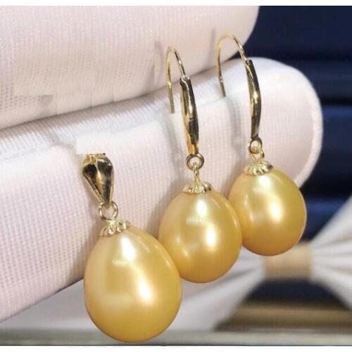 AAA NATURAL 10-12MM GOLDEN PEARL EARRING PENDANT SETS