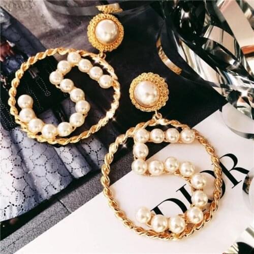 Texture exaggerated temperament simple metal woven hollow ring earrings personality number 5 Pearl Earrings female