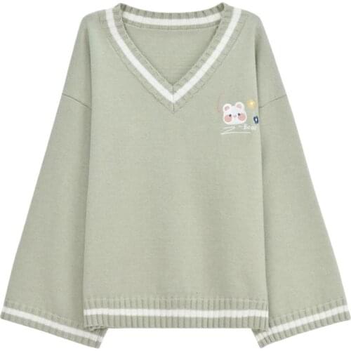 Preppy Style Kawaii Cartoon Embroidered Knitted Sweater Oversized Long Sleeve Pullover Korean Fashion Womens Clothing