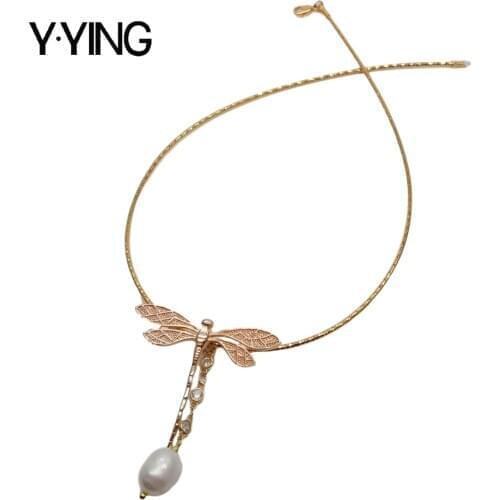 Y·YING Gold color Plated colorful cubic zirconia Dragonfly Charms White Rice Pearl Choker Necklace 16" for girl women cute style
