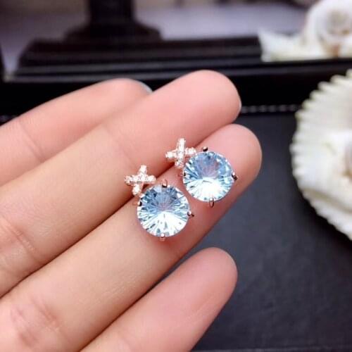 Fashion Elegant round natural sky blue topaz stud earrings Natural gem stone earrings 925 silver female party gift fine jewelry