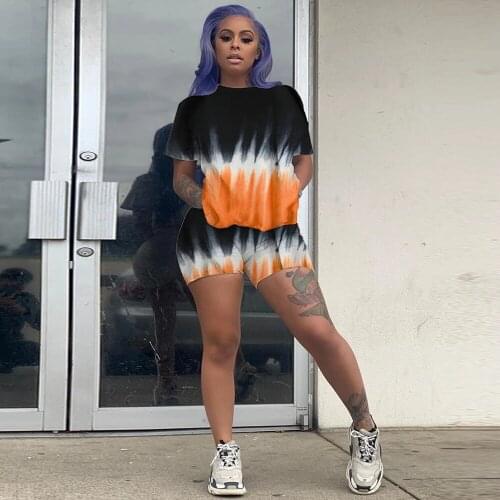 Tie Dyeing Printed Casual Two Piece Sweatsuit Womens Festival Clothing Short Sleeve Loose T-shirt and Biker Short Activewear