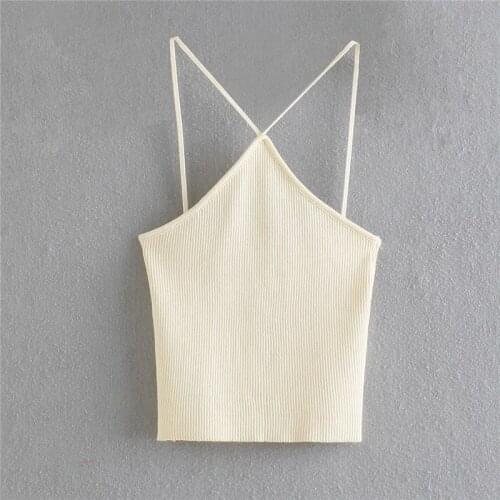 Merodi Women Casual Sleeveless Summer Elastic Knitted Beige Sling Tops Girls Fashion 2021 New Za Backless Solid Short Camis