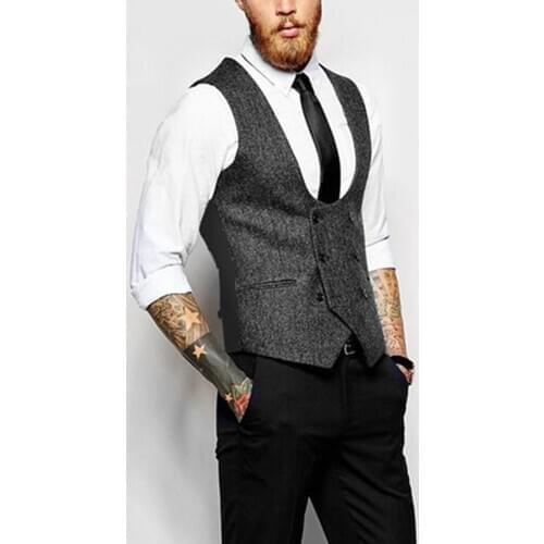 2020 New Mens Double-breasted Vest Woolen/Tweed Suit Vest Casual Top Quality Herringbone Pattern Waistcoat Groomsmen