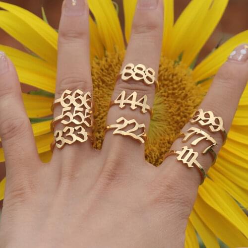 10pcs Old English Angel Number Rings Punk Jewelry Women Men Stainless Steel Ring 111 222 333 444 555 666 777 888 Free Shipping