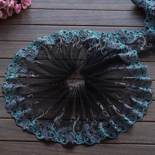 2yards/lot 21cm wide Embroidered Tulle Lace trim mesh lace trim~Black + Blue~beautiful