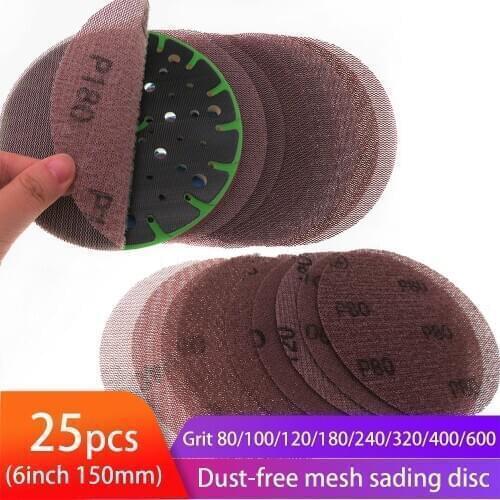 25pcs Mesh Sanding Discs 6inch Hook & Loop Abrasive Pad Dust Free Disc Anti-Blocking Sharp Grinding Sandpaper for Wood Drywall