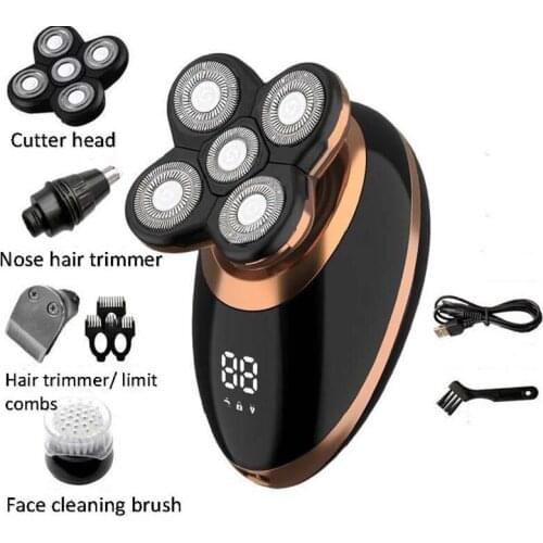 4 In 1 4D Mens Rechargeable Bald Head Electric Shaver 5 Floating Heads Beard Nose Ear Hair Trimmer Razor Clipper Facial Brush
