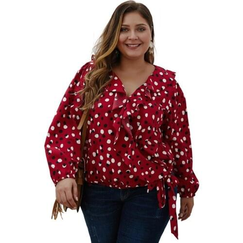 Plus Size Women Tops Polka Dot Print Ruffles V-neck Long Sleeve Casual Shirts Spring Autumn Casual Blouses Outerwear TP92055