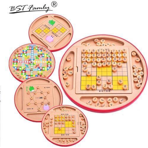 BSTFAMLY Children Sudoku Chess Beech Wooden Five in One 28*28.5*4.5cm 100Pcs/Set Table Puzzle Game Kids Toy Interesting Gift S05