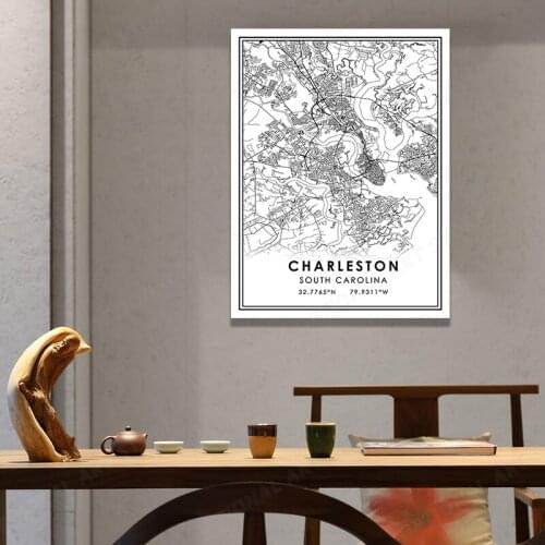 Black And White World City Map CHARLESTON Wall Art Canvas Poster Prints Nordic Style Paintings Picture For Living Room