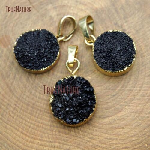 Black Color Titanium Electroplated Single Bail Pendants Druzy Crystal Round Shape Charm Accessory Approx 16 mm PM11434