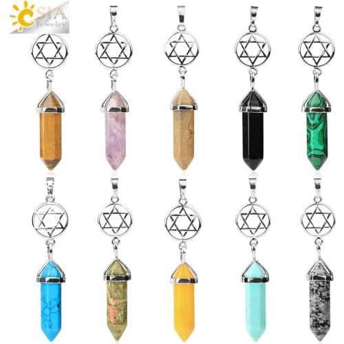 CSJA Natural Stone Pendant for Necklace Star Of David Crystal Charms Pendants Rose Quartz Tiger Eye Clear Crystal Jewelry G726