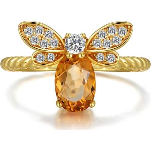 FYJS Unique Light Yellow Gold Color Citrines Crystal Honeybee Resizable Ring with Rhinestone Jewelry