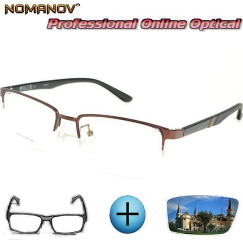 Custom Made Prescription Glasses Optical Photochromic Myopia Reading Glasses Half-rim Alloy Tr90 Brown Glasses Frame Men Women