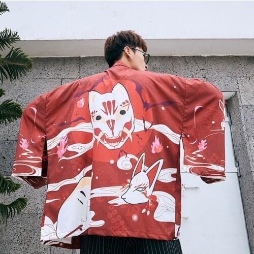 Japanese Style Men Kimono Tops Loose Cartoon Haori Yukata Cardigan Red Classic Samurai Cosplay Costumes Asian Male Shirt Blouse