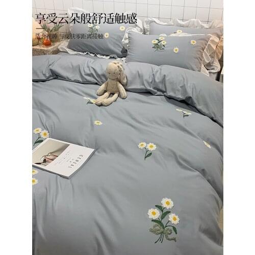 Washed Cotton Four-Piece Set Girls Heart Princess Style Bed Sheet Quilt Cover Bedspread Ins Dormitory Three-Piece Set Bedding 4