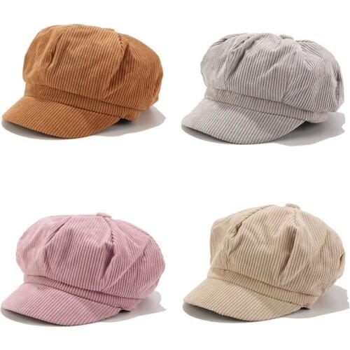 Korean Version Solid Color Women Beret Spring Autumn Newsboy Hat Vintage Corduroy Elasticity Peaked Cap Painter Hat