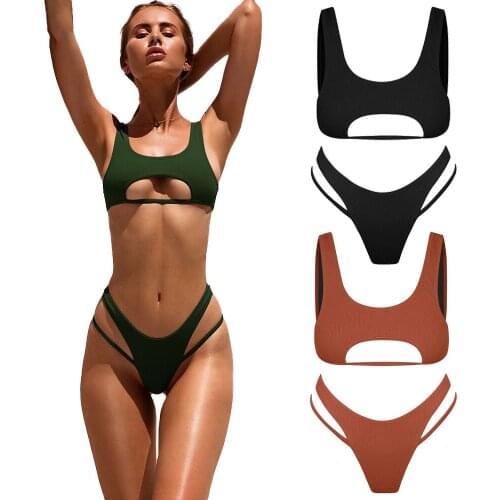 Sexy Women Bikini Swimsuits,Two-piece Suit,Pure Color Summer Swimwear,With Chest Pad,High Waist Elasticity Brief Swimming Trunks
