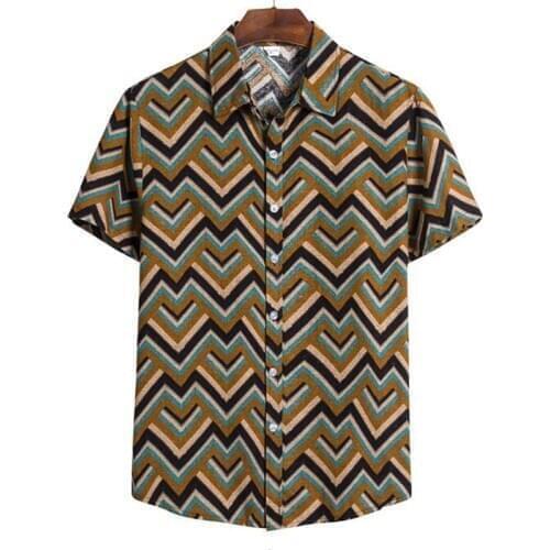 Mens Shirt Colorful Stripe Summer Retro Ethnic Turn Down Collar Short Sleeve Loose Buttons Casual Shirt Blouse Mens Clothing