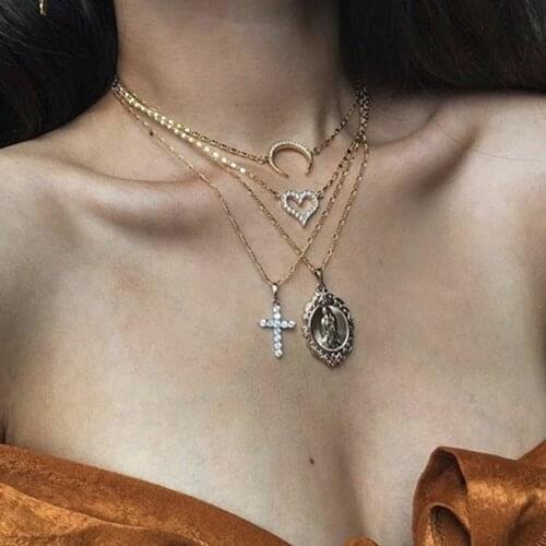 Bohemian Women Fashon Crystal Heart Corss Pendant Necklace for Women Virgin Mary Moon Multilayer NecklaceVintage Jewelry Gifts