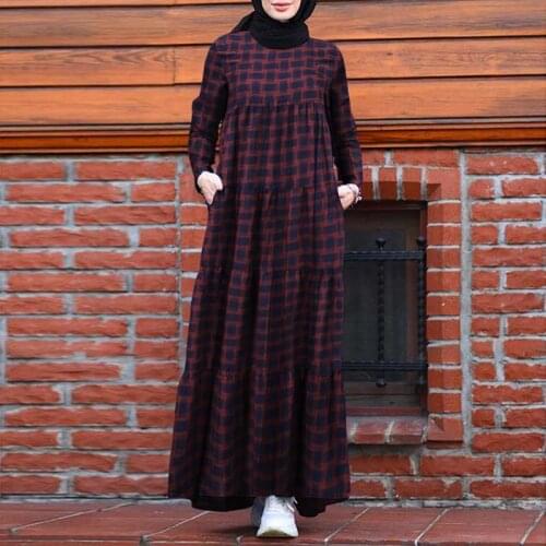 Kaftan Baggy Maxi Dress Women Long Sleeve Check Dress Loose Abaya Muslim Dubai Dresses Layered Sarafans Muslim Fashion Vestidos