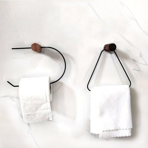Simple Tissue Holder Kitchen Bathroom Toilet Paper Holder Iron Hemp Rope Solid Wood Punch-Free Wall Tissue Holder Decoration