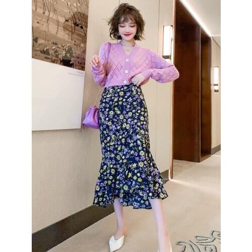 Retro floral high waist slim bag hip double Ruffle split fishtail skirt 2021 Spring new High Quality Top Quality