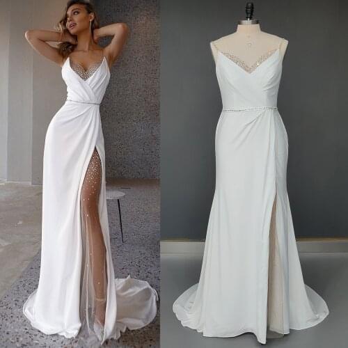 Sexy High Slit Bridal Gown Bling Sequins Custom Made V-Neck Wedding Dress Beading Spaghetti Straps Open Back Vestido De Noiva