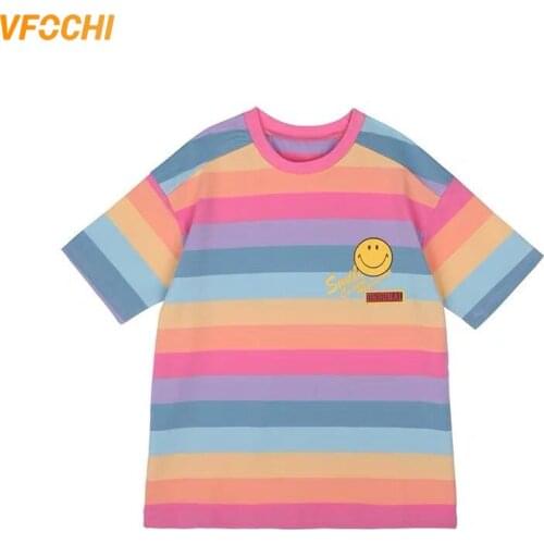 VFOCHI 2021 Rainbow Girl Dresses Pure Cotton Summer Girls Clothes Striped Long Tee Cute Kids Dresses for Girl T Shirt Dresses