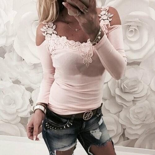 Spring Women O-neck T-shirt Sexy Long Sleeve T-shirts Strap Off Shoulder Lace Stitching Female Casual Slim T Shirts Top Tees