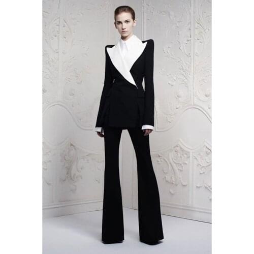 2020 Two Pieces Black Womem Suits With Big White Lapel Female Pants Suits Work Blazer Business Suits Ladies (Jacket+Pants)