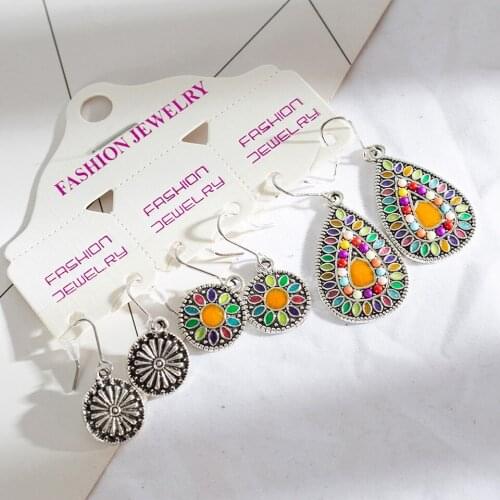2020 Big water drop earrings indian jewelry suit Ethnic colorful sun flowers earrings for women Bohemian round hanging eardrop