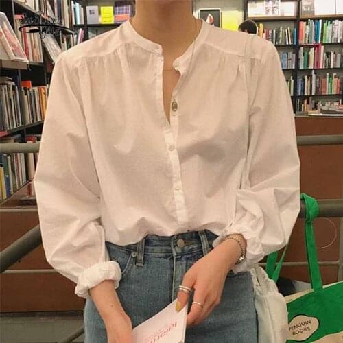 O-neck Cardigan Casual Korean Style Loose White Shirt Female 2021 New Spring Autumn Puff Sleeve Blouse Women Splicing Tops 12289