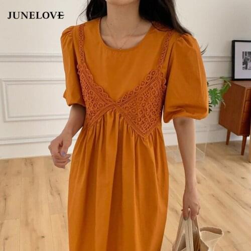 JuneLove Women Dress 2021 Summer Korean Chic Gentle Round Neck Lace Crochet Stitching Pleated Puff Sleeve Bellflower Vestidos