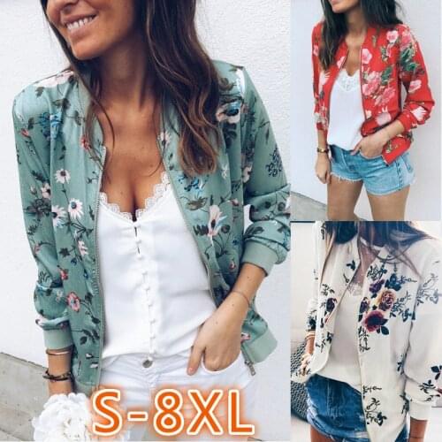 Women Floral Jackets 2019 Autumn Casual O-Neck Zipper Print Pocket Bomber Jacket Retro Long Sleeve Female Outwears Plus Size