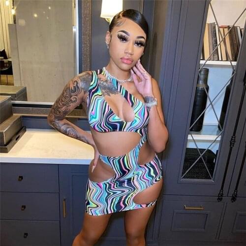 BKLD 2021 Spring And Summer New Women Clothing Fashion Striped Printed Nightclub Hollow Out One Shoulder Sexy Mini Dress