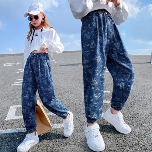 Fashion Denim Cargo Pants for Girls Spring Autun Kids Heart Print Jeans Girls Trousers Children Clothes 7 8 9 10 12 14 Years