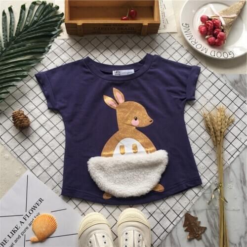 Tonytaobaby Summer New Baby Boys and Girls Purple Pocket Kangaroo T-shirt Pure Cotton Childrens T-shirt